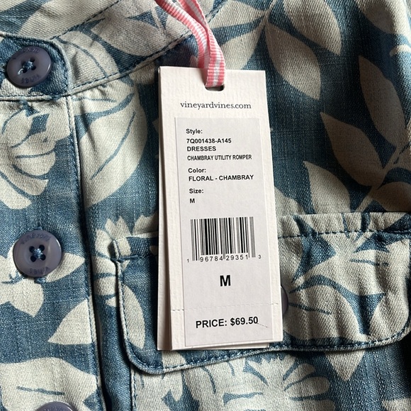 Vineyard Vines Chambray Utility Romper Girls M Blue White Floral Elastic Waist - Picture 2 of 6